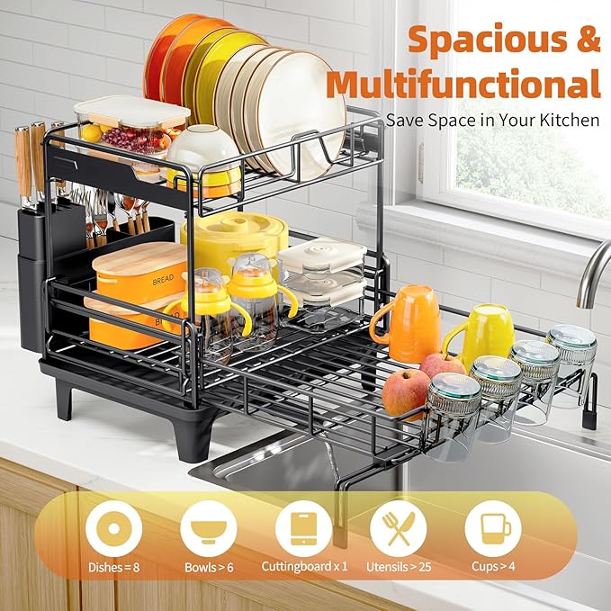 Urackify Dish Drying Rack - Extendable Dish Drainer, Large Dish Rack for Kitchen Counter, Rustproof Dish Strainer with Utensil Holder and Cups Holder, 2 Tier Black - Image 2