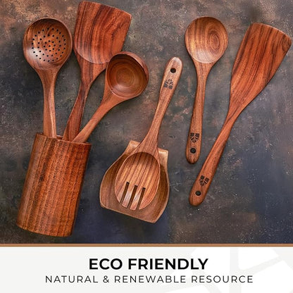 Wooden Utensil Set 8 Pcs – Sturdy & Easy to Clean, Natural Teak Wooden Spoons for Cooking – Non-Scratch Cooking Utensils with Spatula, Turner, Ladle, Spoons, Skimmer, Holder, Spoon Rest & 6 Hooks - Image 8