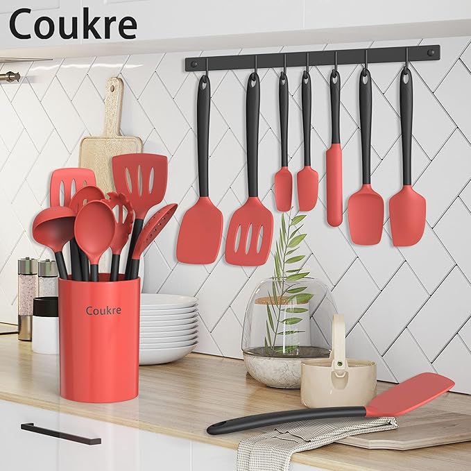 Coukre Silicone Kitchen Cooking Utensils Set with Holder – Heat-Resistant, Food-Grade Kitchen Tools, Spatula, Spoon & Gadgets for Non-Stick Pans, Dishwasher Safe (14, Red) - Image 6