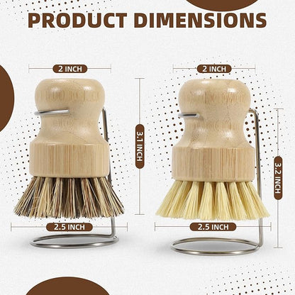 SAMEBUTECO 6-Piece Bamboo Dish Brush Set with Fast-Dry Stainless Steel Holder,3xNatural Sisal Bristle Brush & 1xPalm Bristle Kitchen Cleaning Brushes for Dishes, Pots, Pans & Sink - Image 5