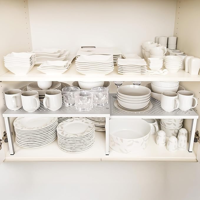 Simple Houseware Expandable Stackable Kitchen Counter Shelf Organizer, White, Metal Top, 11.25"L x 7.9"W x 5.4"H - Image 2