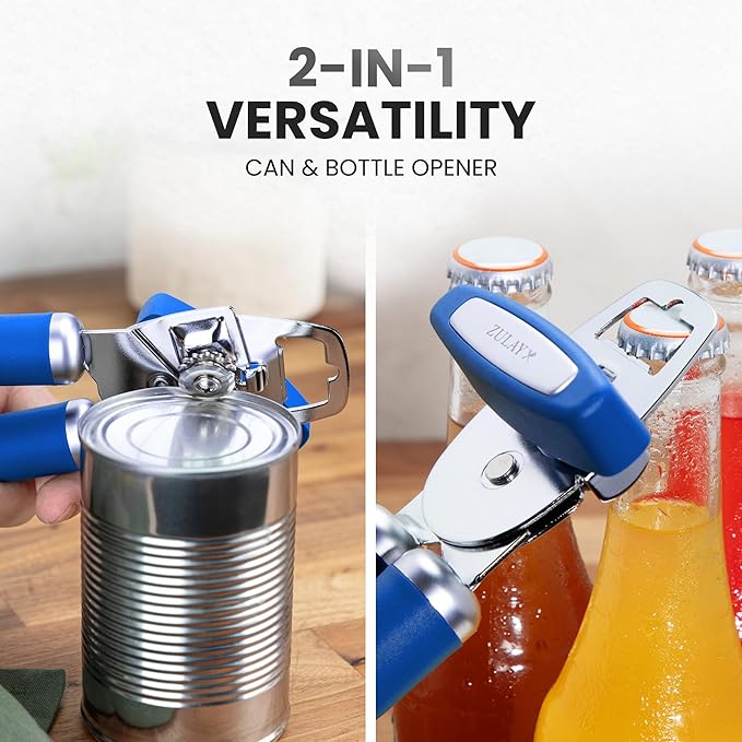 Zulay Kitchen Heavy Duty Stainless Steel Can Opener Manual with Bottle Opener - Rust Proof Manual Can Opener With Turn Knob & Comfy Soft Grip Handles - Royal Blue - Image 7
