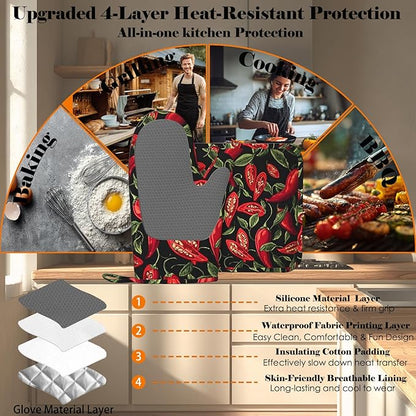 Mexican Hot Pepper Chili Oven Mitt and Pot Holder with Silicone Heat Resistant Kitchen for Cooking BBQ Baking Grilling Cooking Protection