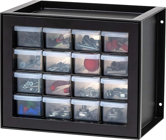 IRIS USA Small Plastic Storage Drawers, Made in USA, 16-Drawer Organizer, Stackable Teacher Toolbox for Crafts, Crayons, Beads, Screws, Hardware, Building Bricks, Desk & Garage Storage – Black