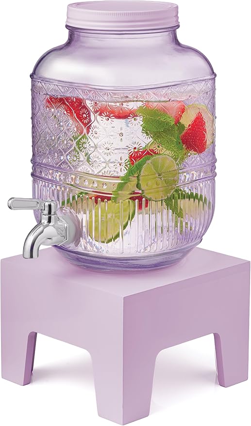 Beverage Dispenser 1 Gallon, Glass Drink Dispenser with Wooden Base Stand, Wide Mouth Jar for Lemonade, Iced Tea, Infused Water, Vintage Kitchen Decor - Lavender