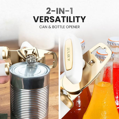 Zulay Kitchen Heavy Duty Stainless Steel Can Opener Manual with Bottle Opener - Rust Proof Manual Can Opener With Turn Knob & Comfy Soft Grip Handles - White & Gold - Image 7