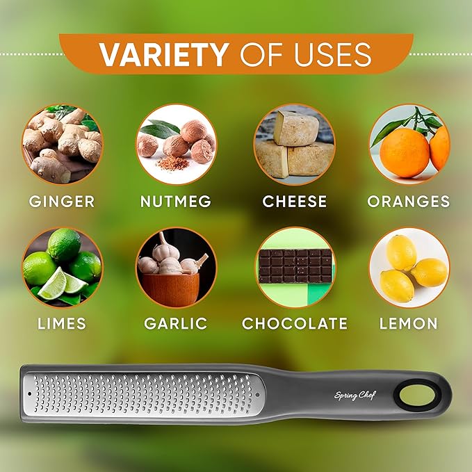 Spring Chef Premium Gray Lemon Zester Grater with Handle - Lime, Garlic, Ginger, Orange, Nutmeg, Fruit Grater - Heavy Duty Kitchen Tool - Stainless Steel Citrus Zester with Blade Cover - Fine Shred - Image 5