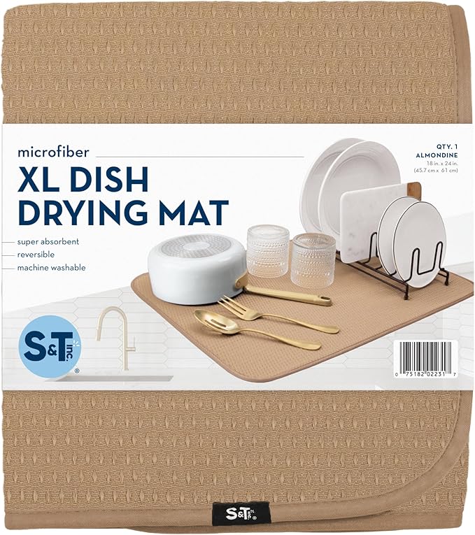 S&T INC. Dish Drying Mat XL, 18” x 24”, Absorbent Microfiber Kitchen Counter Mat, Drying Pad for Dishes, Utensils, Pots and Pans, Extra Large, Diamond Texture, Almond - Image 8