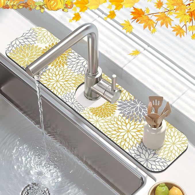 Findosom 2PCS 16" x 24" Fall Dish Drying Mat & 24" x 5.5" Sink Splash Guard, Super Absorbent & Cuttable Dish Mat Drying Kitchen Mat with Yellow Floral, Hide Stain Drying Mat for Kitchen Counter - Image 4
