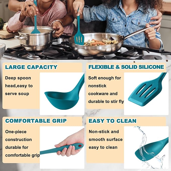 E-far 10 Pieces Silicone Cooking Utensils Set, Heat Resistant Kitchen Utensil Set for Nonstick Cookware, Kitchen Cooking Tools with Spatula, Spoon, Slotted Turner, Non-Toxic & Dishwasher Safe (Blue) - Image 4