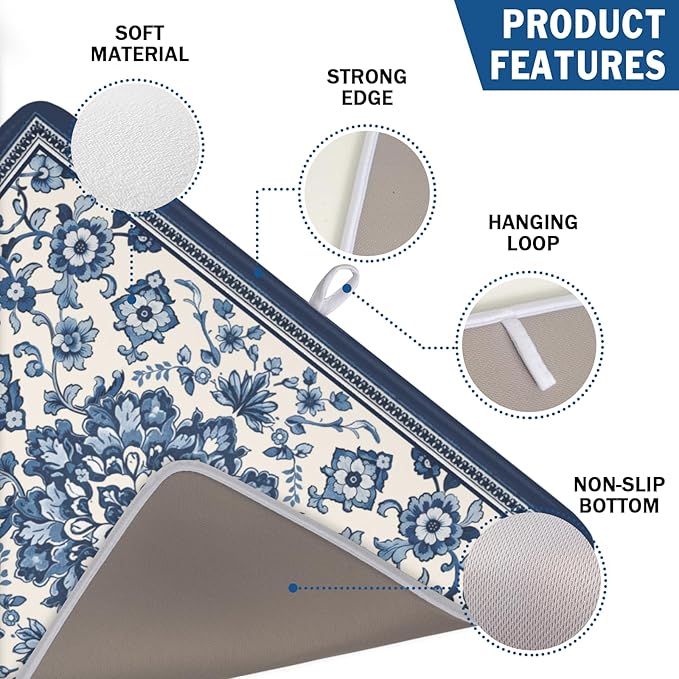 Blue Floral Dish Drying Mat for Kitchen Counter Vintage Flower Pattern Microfiber Dish Drainer Mat Rustic Farmhouse Absorbent Washable Drying Pad Extra Large 18"x24"