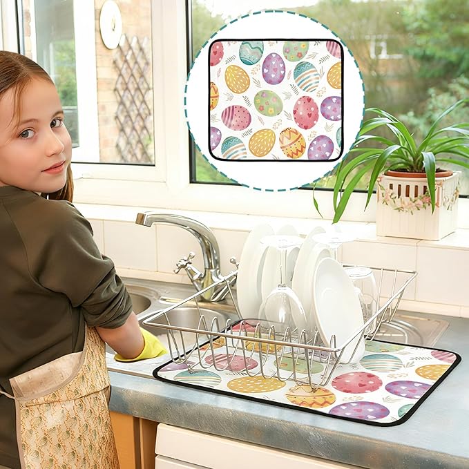 Breling Easter Dish Drying Mat for Kitchen 16 x 18 Inch Pastel Eggs Microfiber Absorbent Drying Reusable Washable Pad Easter Table Dishes Pad Protection Tableware Kitchen Accessories