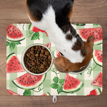 Summer Dish Drying Mat for Kitchen Counter Watercolor Watermelon Green Buffalo Plaid Microfiber Dish Drainer Mat Rustic Absorbent Washable Drying Pad Extra Large 18"x24"