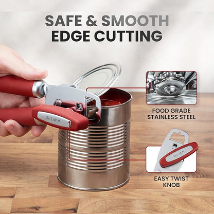Zulay Kitchen Heavy Duty Stainless Steel Can Opener Manual with Bottle Opener - Rust Proof Manual Can Opener With Turn Knob & Comfy Soft Grip Handles - Red - Image 4