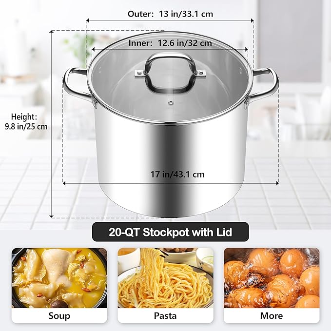 Homikit 20 Quart Soup Pot with Lid, Large Stainless Steel Stock Pot with Double Handles, Heavy Duty Cookware Induction Stockpot for Canning Steaming Simmering, Compatible All Cooktops, Dishwasher Safe - Image 2