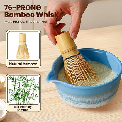 Matcha Whisk Set, Ceramic Matcha Kit Desert Style, Matcha Whisk and Bowl, Bamboo Scoop and Rest, Sifter and Tea Towel, 7 Pcs Gifts for Matcha Lover - Light Blue