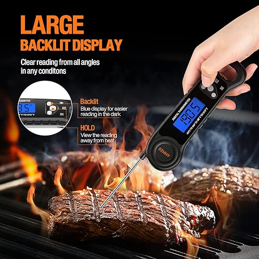AMMZO Meat Thermometer Digital, Candy Thermometer Food Thermometer Instant Read Thermometer Waterproof with Backlight for Cooking, Deep Fry, BBQ, Grill, Smoker and Roast