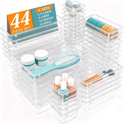 WOWBOX 44 PCS Clear Plastic Drawer Organizer Set, 5 Varied Size storage Bins and Desk Drawer Organizer Tool Trays for Makeup, Gadgets, Jewelry and Utensils in Bathroom, Bedroom and Office, Clear