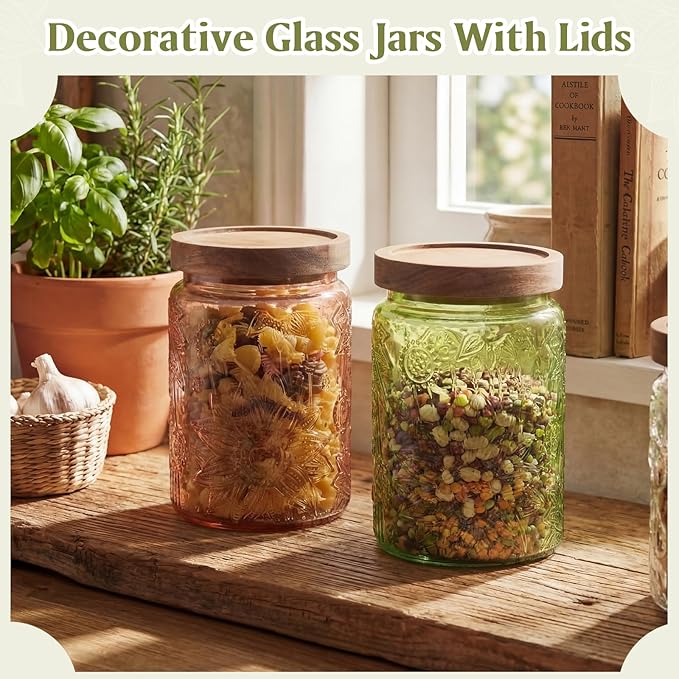 Willinglong 2 Pack 23.7oz Colored Vintage Glass Storage Jars with Wooden Lids Embossed Floral Decorative Canisters for Kitchen Countertop Airtight Container for Sugar Cookie Coffee Tea(Green, Brown) - Image 4