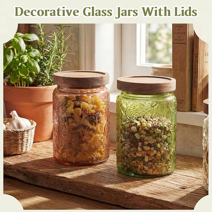 Willinglong 2 Pack 23.7oz Colored Vintage Glass Storage Jars with Wooden Lids Embossed Floral Decorative Canisters for Kitchen Countertop Airtight Container for Sugar Cookie Coffee Tea(Green, Brown) - Image 4