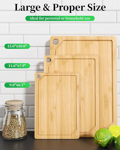 Kitsure Bamboo Cutting Board Set - Multi-Sizes Wooden Cutting Boards for Kitchen, Convenient Kitchen Essentials with Deep Juice Grooves, Cutting Board for Chopping & Serving, 3 Pack, Natural - Image 2
