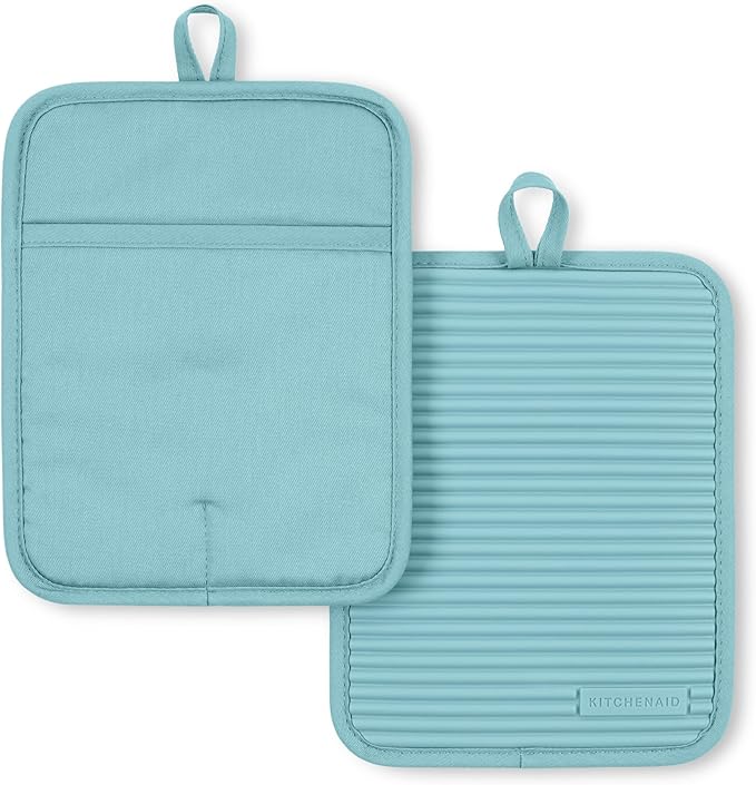 KitchenAid Ribbed Soft Silicone Pot Holder 2-Pack Set, Mineral Water Aqua, 7"x9" by KitchenAid