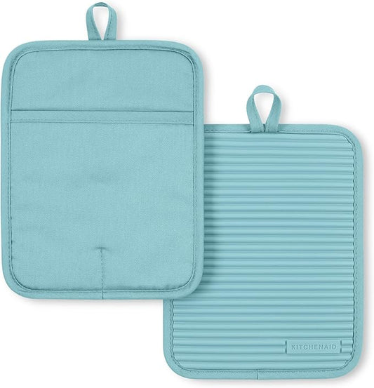 KitchenAid Ribbed Soft Silicone Pot Holder 2-Pack Set, Mineral Water Aqua, 7"x9" by KitchenAid