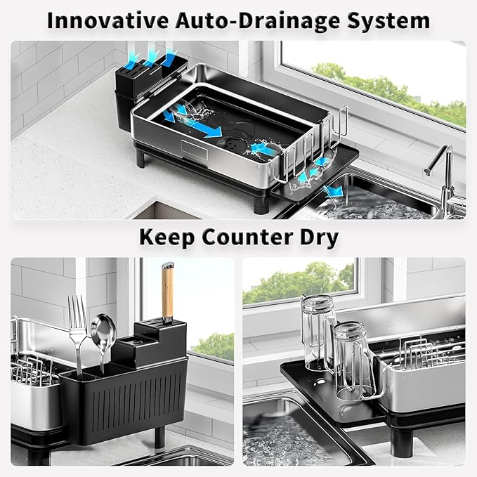 Ewaiira Dish Drying Rack, 304 Stainless Steel Dish Racks for Kitchen Counter, Dish Drainers with Automatic Drainage, Utensil Holder & Cups Holder, Space Saving Kitchen Organizer, Black 16.5''x12.6'' - Image 5