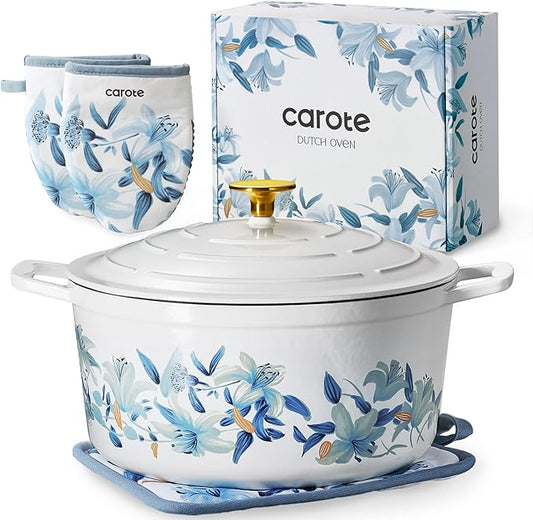 CAROTE 7QT Cast Iron Dutch Oven Pot with Lid, Enameled Floral Dutch Ovens with Cotton Potholders & Oven Gloves, Versatile Heavy-Duty Cookware for Sourdough Bread Baking, Braising, Stews, All Stovetop Compatible, Oven Safe up to 500° F, White & Blue by CAROTE