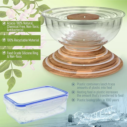 Set of 5 Nesting Glass Bowls with New Updated Acacia Lids for Foodprep, Storage, Mixing & Cooking - Microwave & Oven-ready BPA Free Durable Heat Resistant Inert Borosilicate Glass - Image 7