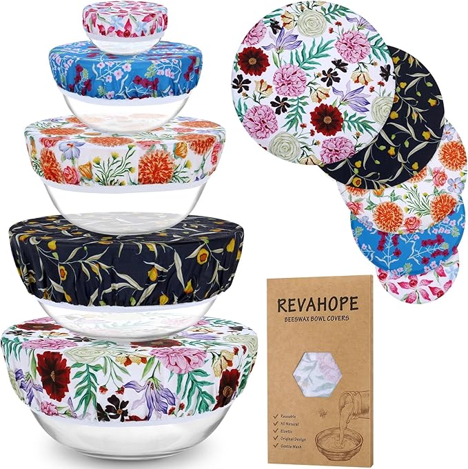 5-Size Reusable Beeswax Bowl Covers for Bread Proofing, Cotton Cloth Flexible Beeswax Wraps for Food Storage(Colorful Floral) by Revahope