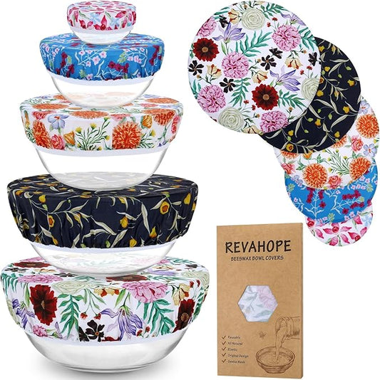 5-Size Reusable Beeswax Bowl Covers for Bread Proofing, Cotton Cloth Flexible Beeswax Wraps for Food Storage(Colorful Floral) by Revahope