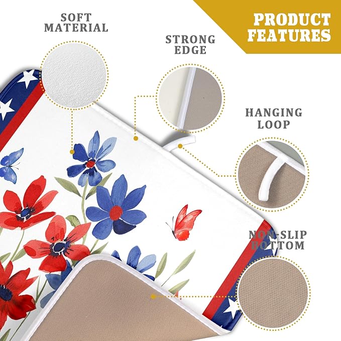 Giwawa 4th of July Flower Dish Drying Mat 16"x18" Independence Day Stars Dish Drainer Mats Watercolor Patriotic Floral Microfiber Dish Drying Rack Pad for Kitchen Countertop Decor