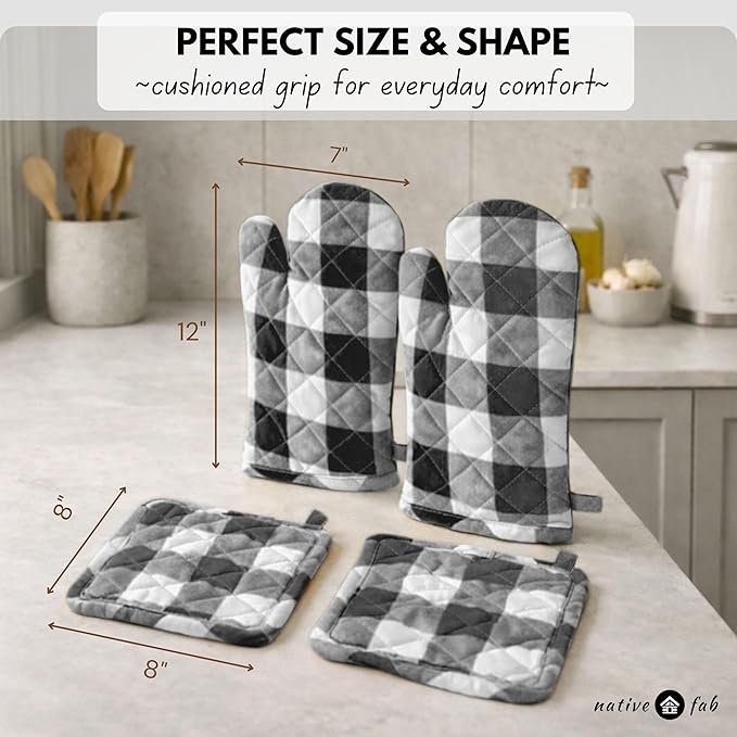 Native Fab Buffalo Plaid Check Oven Mitts and Pot Holders Set of 4, 100% Cotton Heat Resistant Kitchen Gloves, 2 Oven Mitts (7x13), 2 Pot Holders (8x8) for Cooking & Baking, Steel Grey White - Image 8