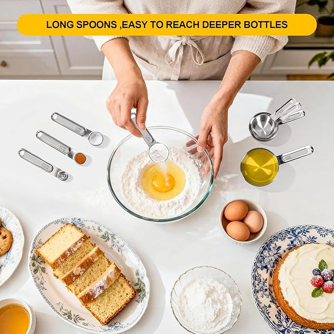 Stainless Steel Measuring Cups and Spoons Set, 8 PCS Long Handle Measure Cups and Spoons Premium Stackable Measuring Cups for Kitchen Cooking & Baking, Dry & Liquid Dishwasher Safe - Image 5