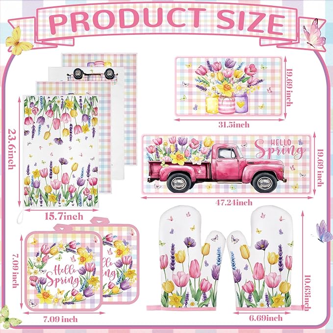 Fourluoo 10 Pcs Spring Flower Farmhouse Kitchen Decor Set Dish Towels Kitchen Rugs Oven Mitts and Pot Holders Set for Cooking Baking Grilling Women Mom Daughter Gift(Vibrant Color)