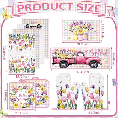 Fourluoo 10 Pcs Spring Flower Farmhouse Kitchen Decor Set Dish Towels Kitchen Rugs Oven Mitts and Pot Holders Set for Cooking Baking Grilling Women Mom Daughter Gift(Vibrant Color)