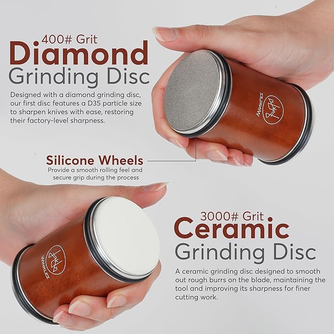 Rolling Knife Sharpener with Diamond and Ceramic Discs, Adjustable Kitchen Knife Sharpenier with 10°, 12°, 17° & 25° Magnetic Angles, Strong and Durable Knife Sharpener (Brown) - Image 3