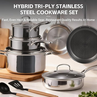 Ammeloo 17 Pcs Nonstick Stainless Steel Cookware Set, Hybrid Stainless Steel Pots and Pans Set Non Stick, Non Toxic Kitchen Cookware Sets, Dishwasher & Oven Safe, Induction & All Cooktop Compatible - Image 9