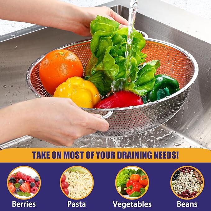 E-far Stainless Steel Colander, 3-Quart Micro-Perforated Metal Colander Strainer with Handle for Kitchen/Draining Pasta/Rinsing Vegetables Fruits, Heavy Duty & Dishwasher Safe - 8.8 Inches - Image 3