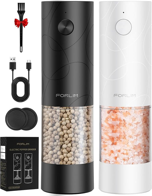 FORLIM Electric Salt and Pepper Grinder Set, USB Rechargeable, Automatic Salt Pepper Mill Grinder with Dust Cover, One-Button Control, Adjustable Coarseness, White LED Light (2 Packs, Black&White) by FORLIM