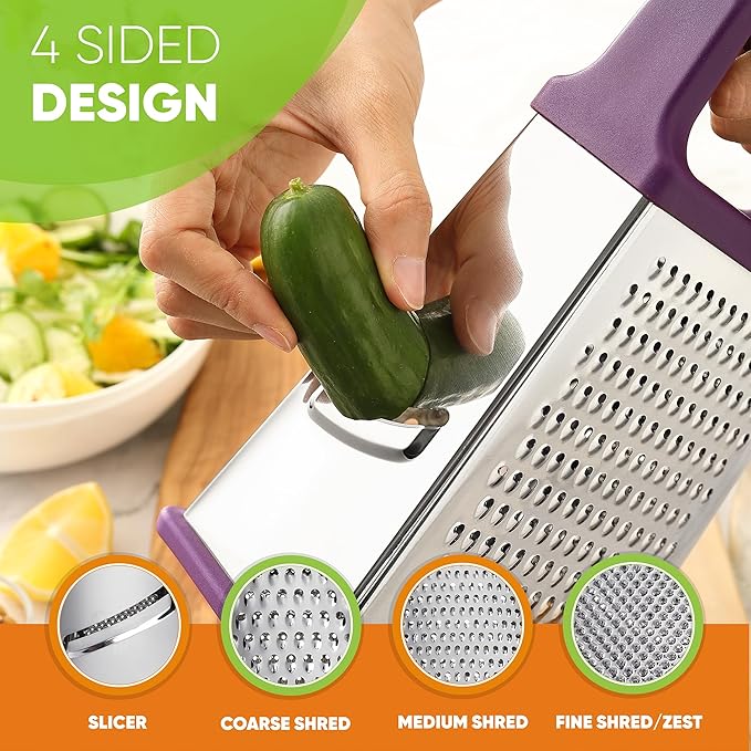 Spring Chef Purple Professional Stainless Steel XL Parmesan Cheese Grater with Handle - Manual Box Grater for Kitchen, 4 Sides, Dishwasher Safe Food Shredder for Vegetable, Potato, Hard Cheese, Carrot - Image 6
