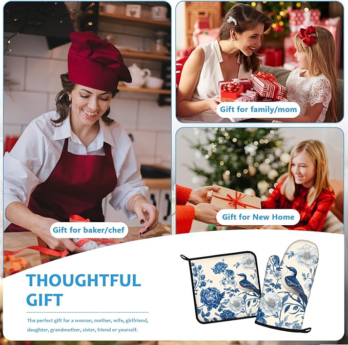 Blue Bird Blooming Flower Oven Mitts and Pot Holders Sets Heat Resistant 4Pcs Potholders Oven Gloves Hot Pads for Kitchen Baking Cooking Grilling BBQ