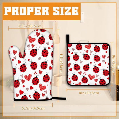 Cute Ladybug Oven Mitts and Pot Holders,Red Heart Heat Resistant Oven Mitts Gloves and Pot Holder for Home Kitchen Decorations Cooking Baking BBQ Gifts,Set of 4