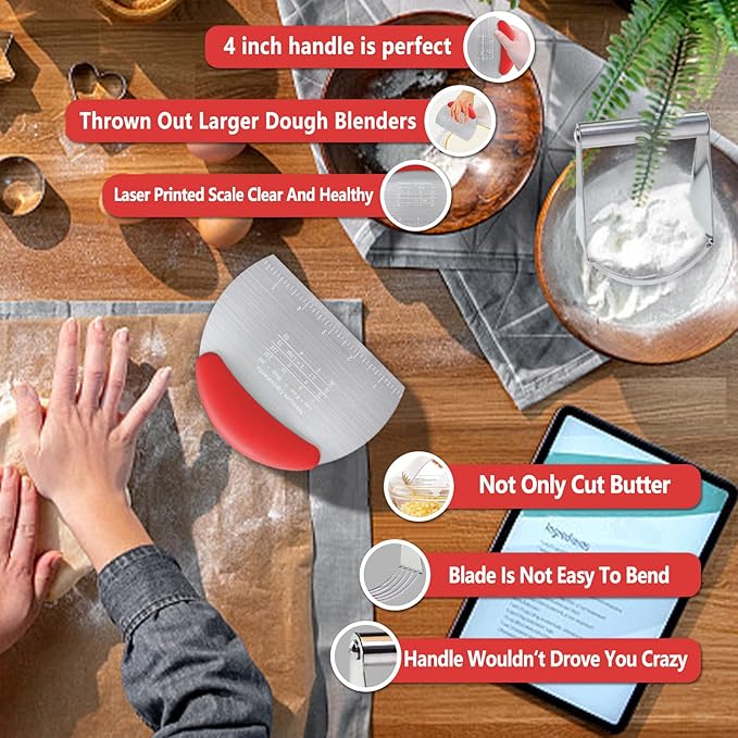 Pastry Cutter Dough Scraper Dough Cutter Scraper Tool Kitchen Pastry Blender,Stainless Steel Pastry Cutters Heavy Duty Dough Cutter for Kitchen Baking Tools,Comfortable and Dishwasher Safe (Red)