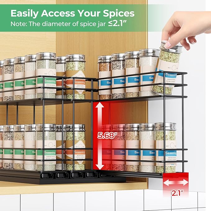 Mystozer Pull Out Spice Rack Organizer for Cabinet, Slide Out Spice Racks, Easy to Install Spice Cabinet Organizers, 7.4" Wx10.43 Dx8.26 H, 3 Drawers 2 Tiers(Black) - Image 6
