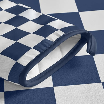 Ohocut Navy Blue Checkered Oven Mitts Heat Resistant, Vintage Retro Checkerboard Cute Oven Mitts, Non-Slip Silicone Kitchen Oven Gloves, 2-Pack Set, 7''x13''