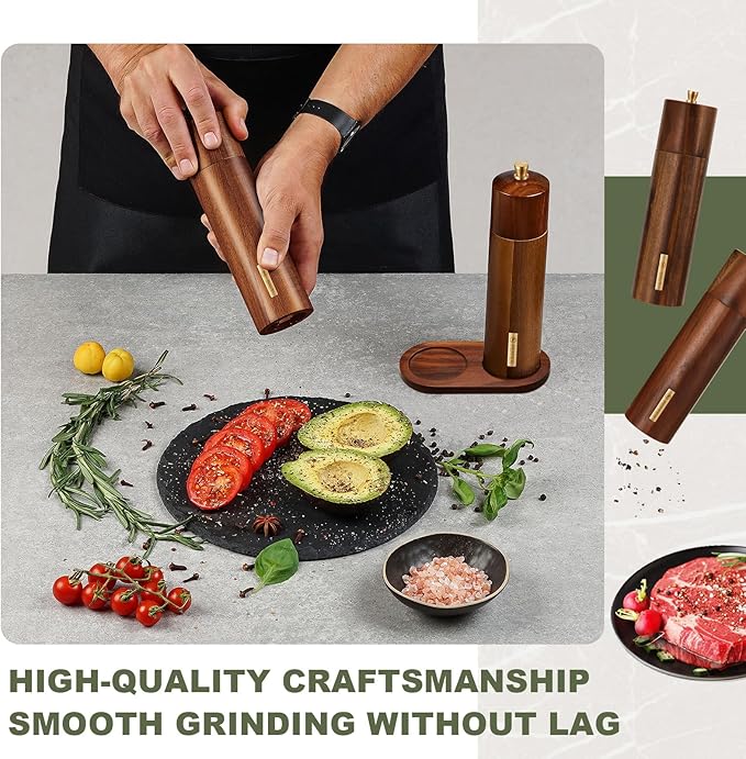 Wooden Salt and Pepper Grinder Set 8 Inch Manual Salt and Pepper Mill with Tray Adjustable Coarseness Refillable Wood Grinders with Gold Bottle Label for Kitchen Christmas Home Gift(Wood Color) - Image 3