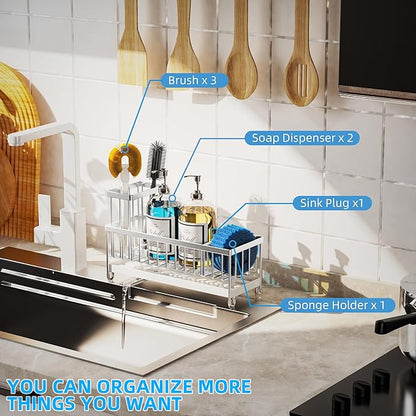 Moforoco Larger Version Sponge Holder for Kitchen Sink, Sink Caddy with High Brush Holder, Kitchen Sink Organizer Countertop Rustproof 304 Stainless Steel (Stainless Steel) - Image 7