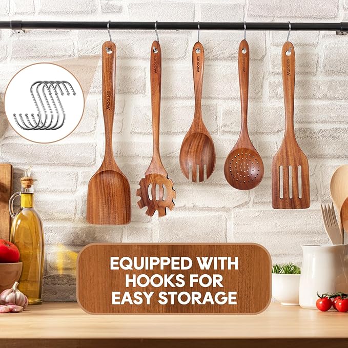 Wooden Spoons for Cooking, 6PCS Teak Wood Cookware Utensil Set with Hooks - Smooth Finish, Non-Stick, Comfortable Grip, Heat Resistant Kitchen Utensils - Image 5